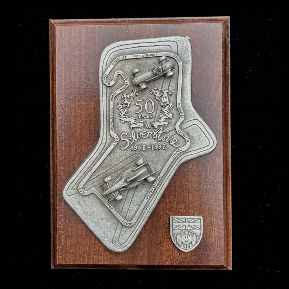 Silverstone 50 Years boxed badge on wood
