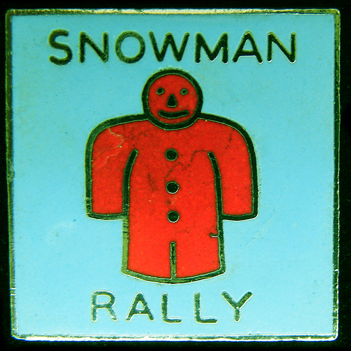 Two Snowman Rally pin badges