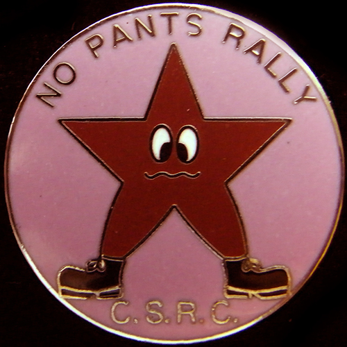 No Pants Rally lapel badge