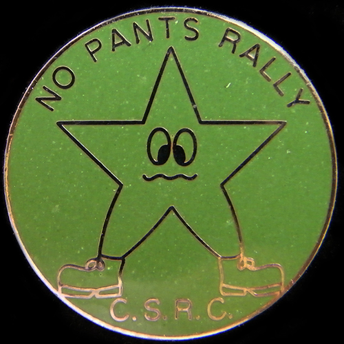 No Pants Rally lapel badge