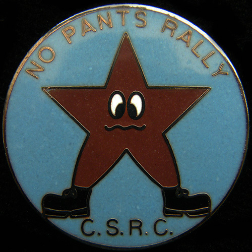 No Pants Rally lapel badge