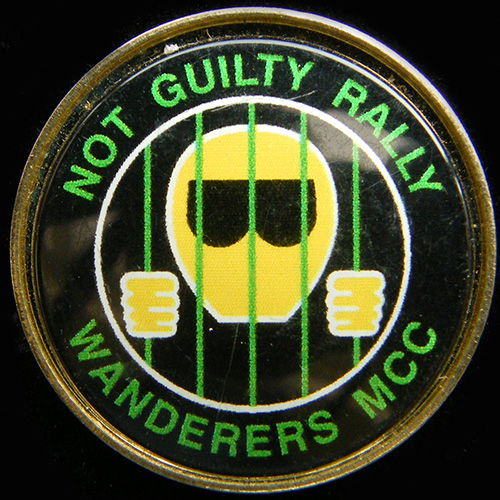 Not Guilty Rally pin badge