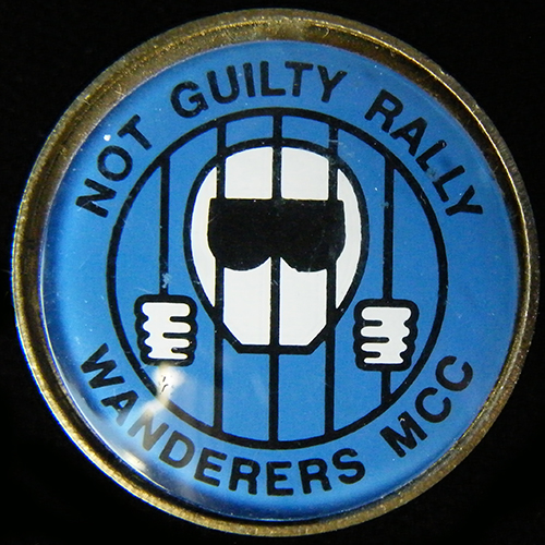 Not Guilty Rally pin badge